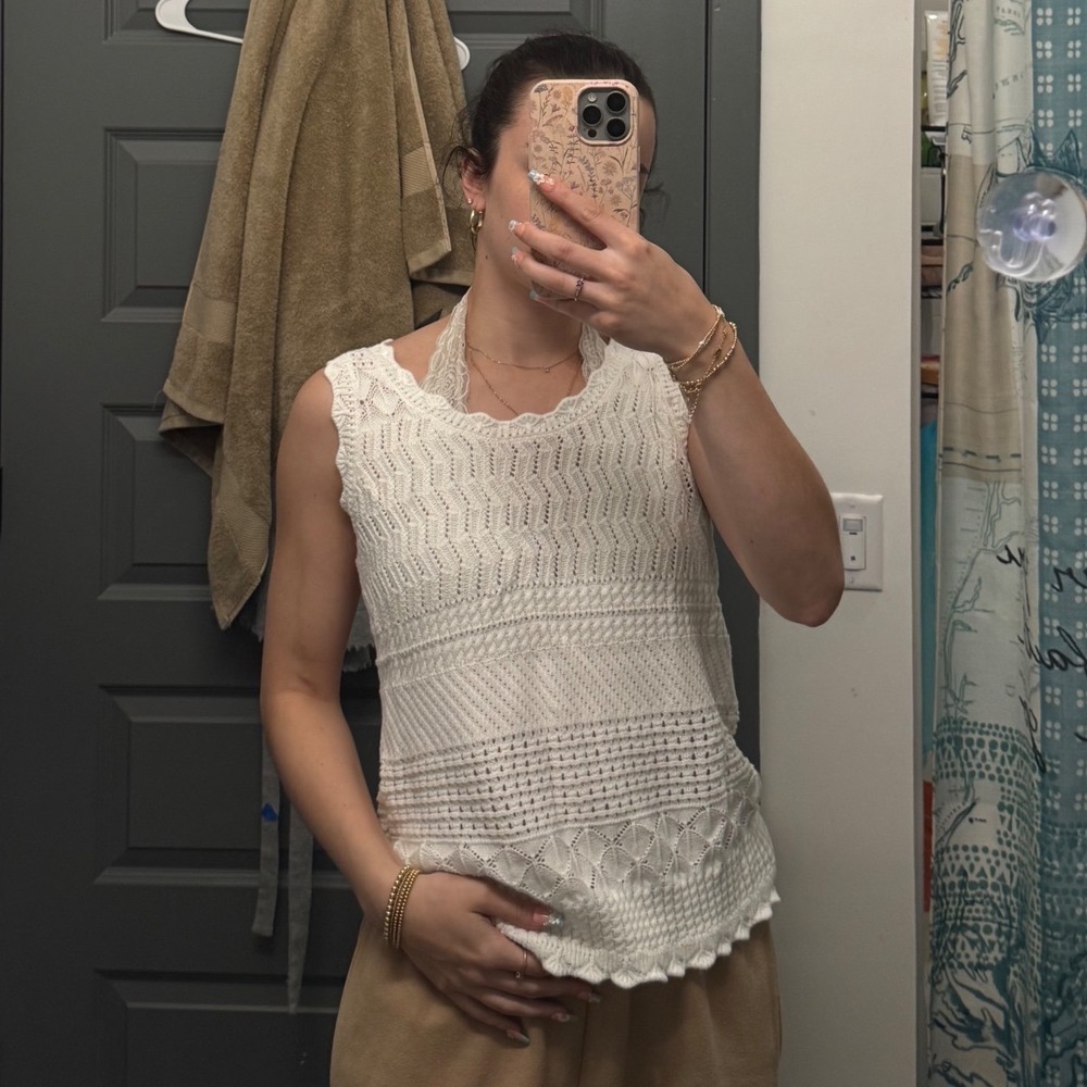 PettyGarden White Pointelle Knit Sleeveless Sweater Top Scalloped Hem Medium
